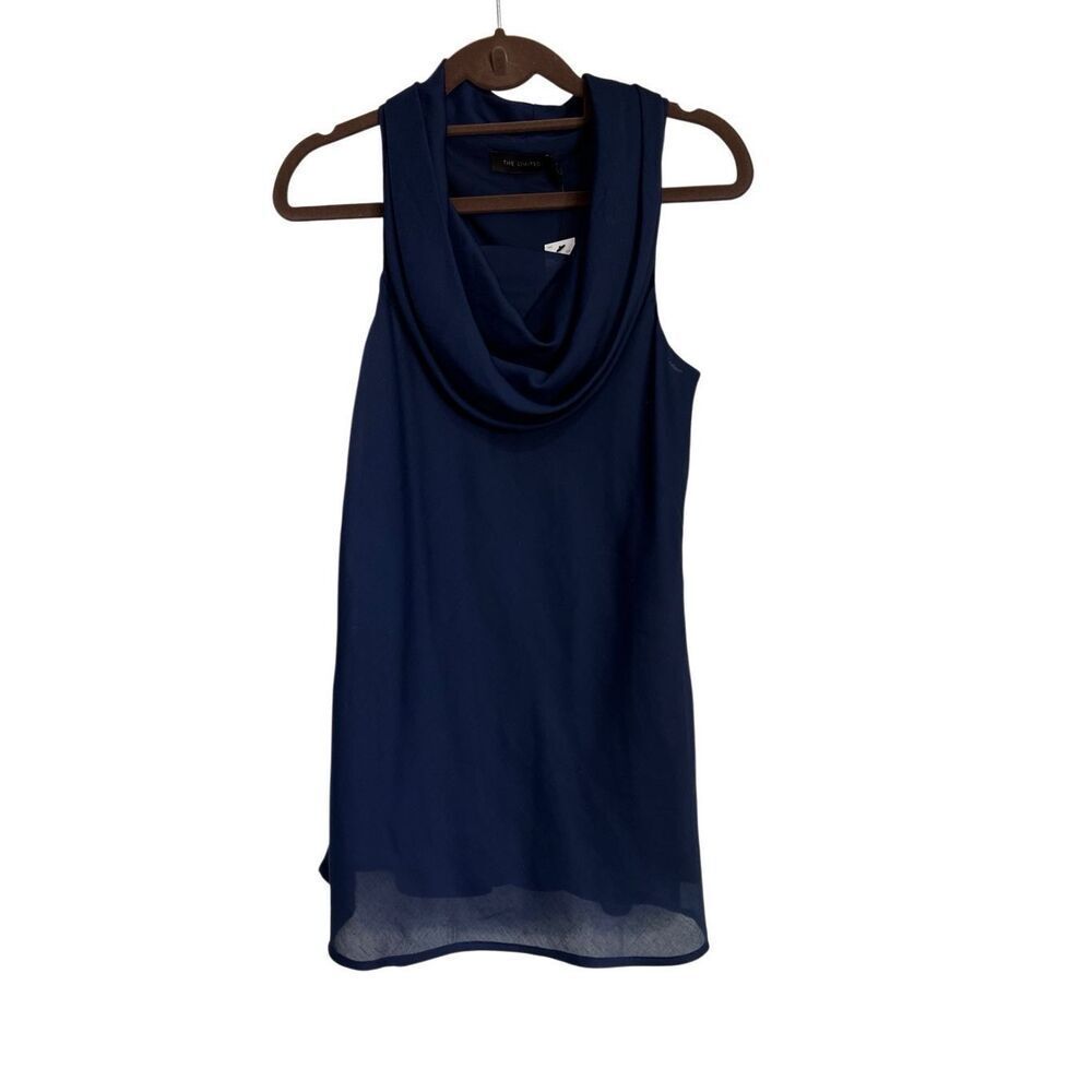 The Limited Tank Blouse Womens XS Navy Blue Cowl Neck Sleeveless Semi-sheer NWT